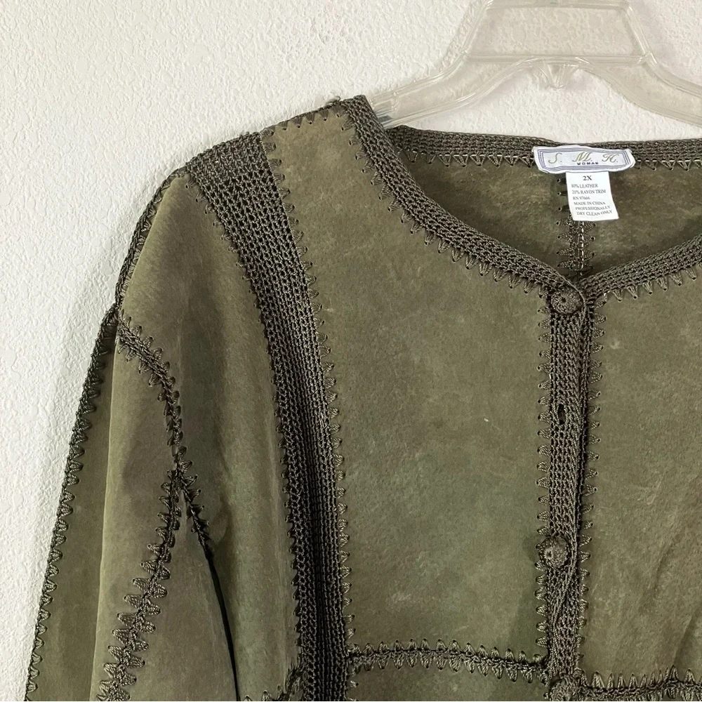 VINTAGE Suede Jacket & Skirt Set Crochet Western Cowgirl Boho Olive Green 2X - Picture 4 of 16